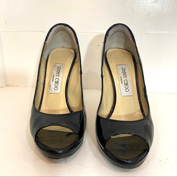 Jimmy Choo Patent Leather Black Peep Toe Pumps High Heels 4" Size 36.5 - Picture 2 of 6